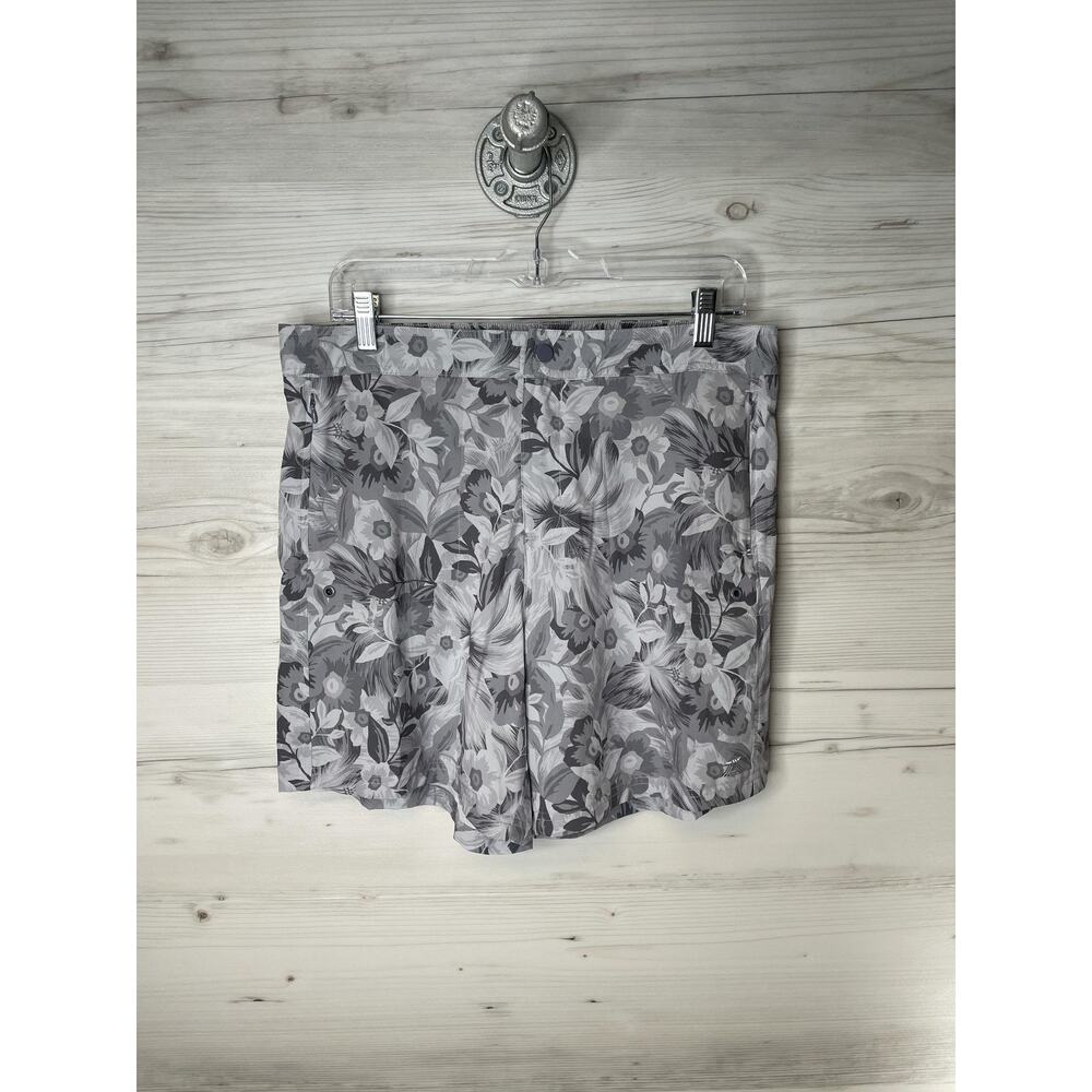 ZeroXposur Swim Shorts Mens Medium Gray Tropical‎ Zip Fly Pockets Elastic Waist